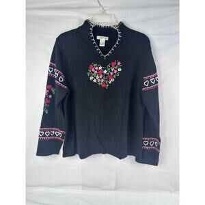 Orvis Valentine Sweater Heart Black Red Faux Pearl Love teacher Cottage Large